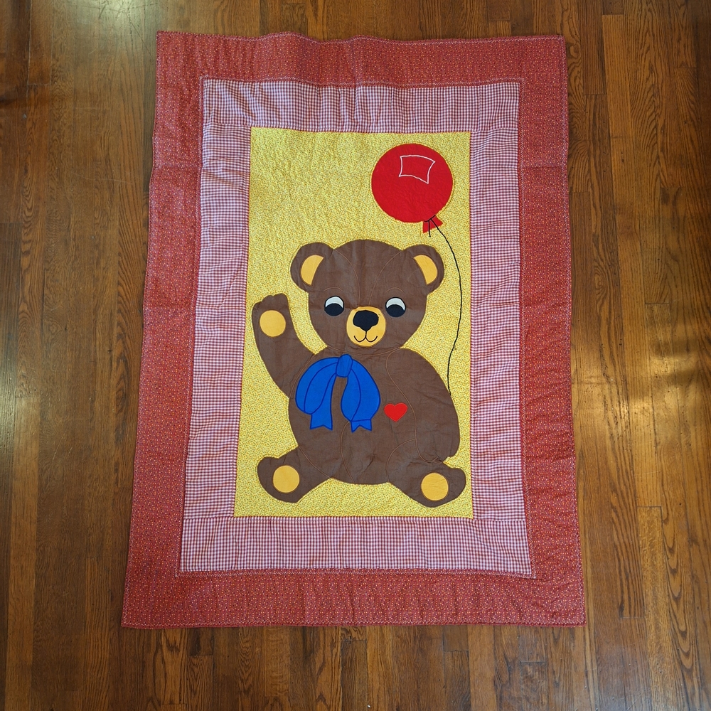 Vintage Handmade Teddy Bear Quilt with Red Border Crib Quilt
